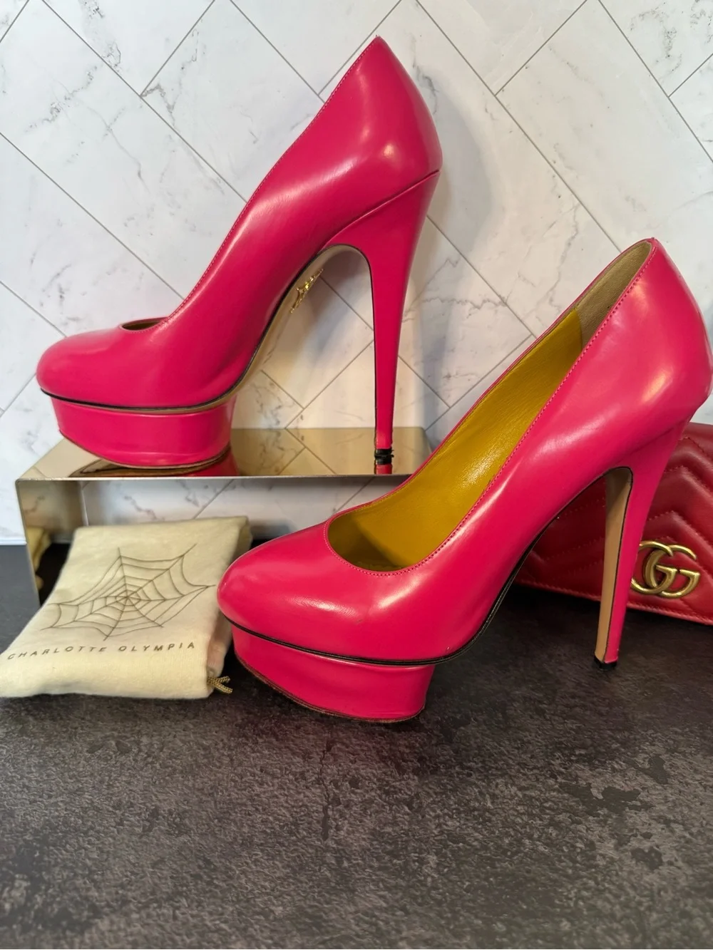 Charlotte Olympia HOT PINK Dolly Platform Pumps Heels, Size 38.5